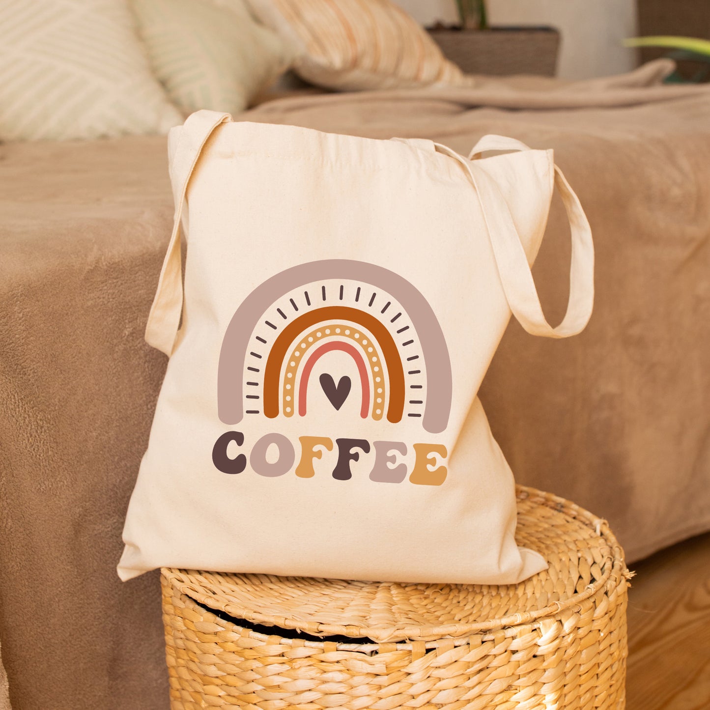 Boho Rainbow Coffee Canvas Tote Bag